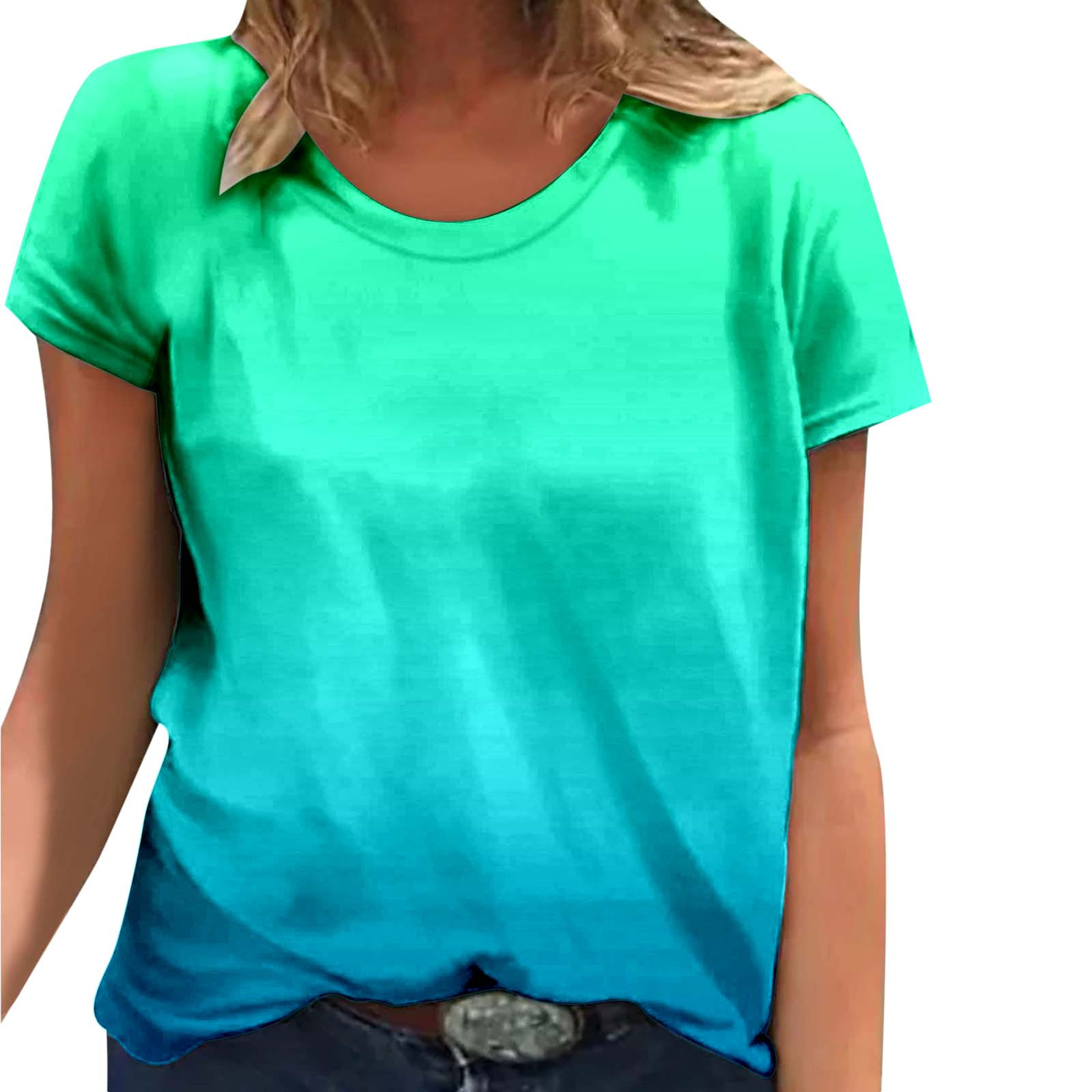 thumbnail image 2 of Top de manga corta con estampado degradado para mujer - Cuello redondo, camiseta informal de verano - Tejido de poliéster para uso urbano, vacaciones y diario, 2 of 4